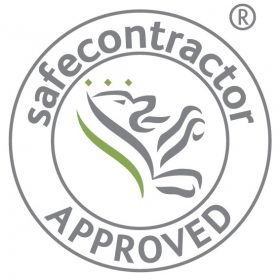 Safe contractor approved logo with icon in green and grey