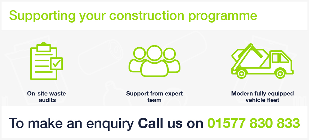 Binn Group Construction Sector graphic showing green outlines of waste audit, people and a truck